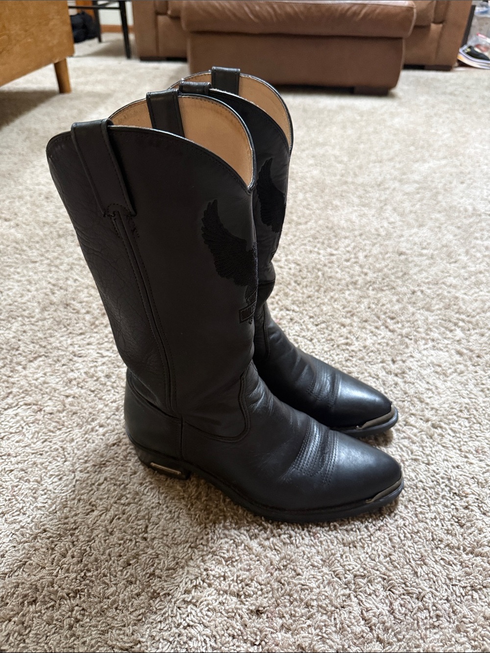 Harley-Davidson Black Leather Men's 9 Cowboy Boots with Embroidered Shaft